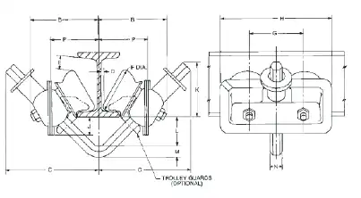 Technical drawing of a mechanical component with multiple labeled dimensions and bolts, showing front and side views, including optional trolley guards.