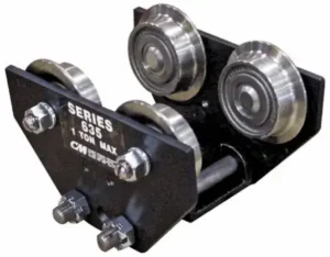 Industrial trolley with four metal wheels and a black steel frame labeled "Series 635, 1 Ton Max," designed for overhead lifting applications.