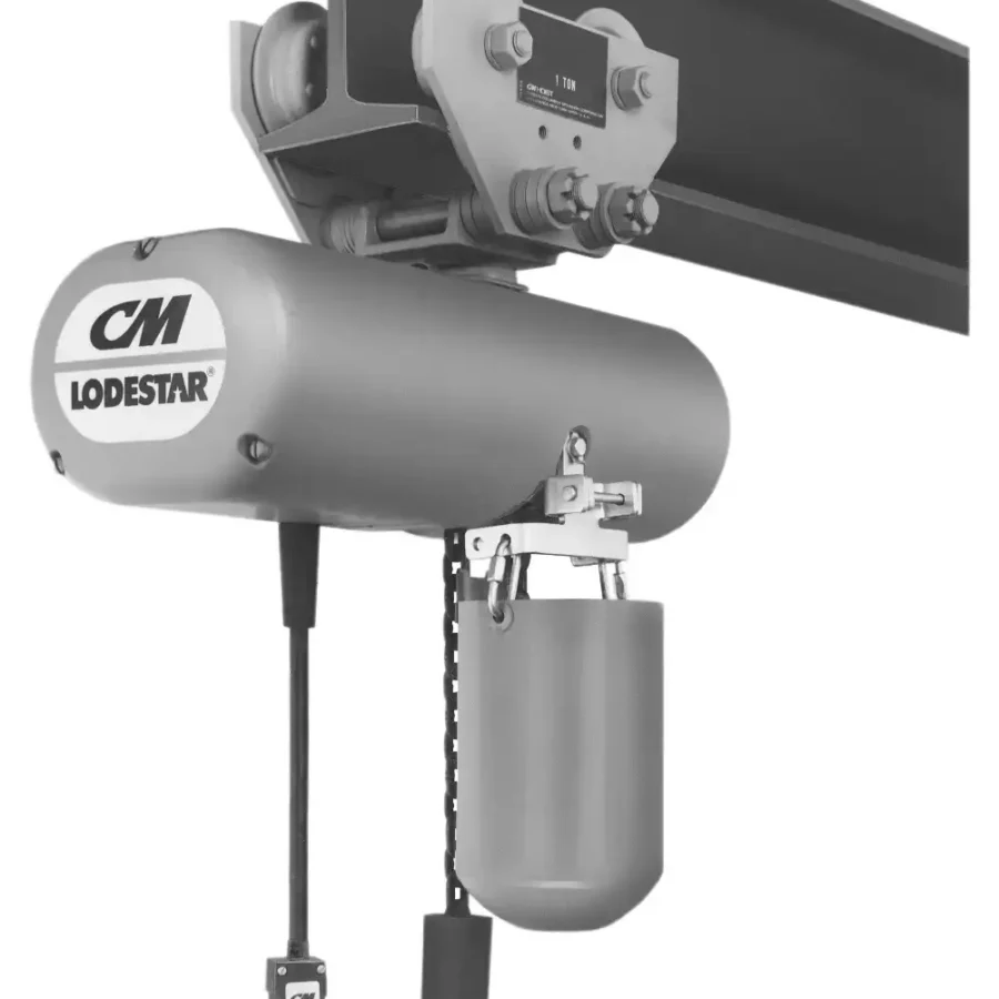 Industrial electric chain hoist labeled "CM Lodestar" mounted on an overhead I-beam trolley, with a control pendant and load hook hanging below.