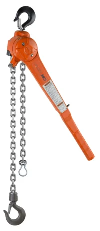 An orange lever hoist with a metal chain and two hooks, used for lifting or pulling heavy loads.