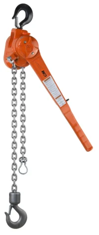 Orange lever chain hoist with metal hooks and chain, used for lifting or pulling heavy loads.