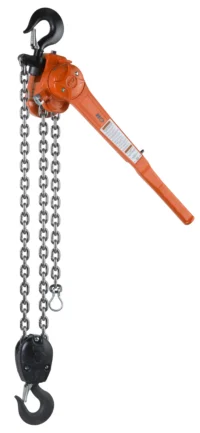 Orange lever hoist with two chains and large black hooks at each end, used for lifting or pulling heavy loads.