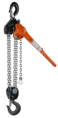 An orange and black manual chain hoist with a lever handle, hooks, and metal chains for lifting heavy objects.
