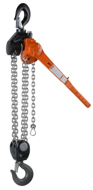 An orange and black manual chain hoist with a lever handle, hooks, and metal chains for lifting heavy objects.