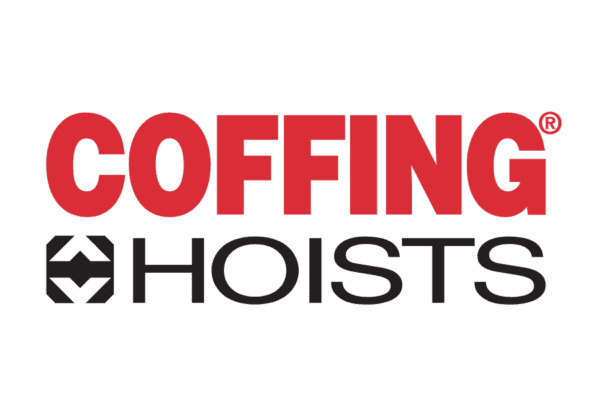 Coffing Hoists logo with "COFFING" in bold red letters above "HOISTS" in black, featuring a geometric symbol to the left of the word "HOISTS.