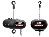 Two black CM Lodestar electric chain hoists with hanging hooks and visible chains, shown from side and front views.
