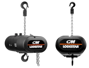 Two black CM Lodestar electric chain hoists with hanging hooks and visible chains, shown from side and front views.