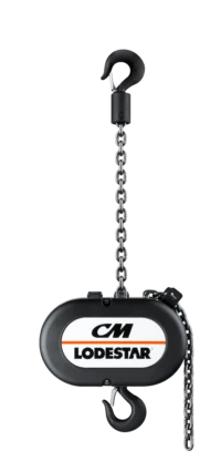 A black Lodestar chain hoist with a top and bottom hook, visible metal chain, and CM Lodestar branding on the front.