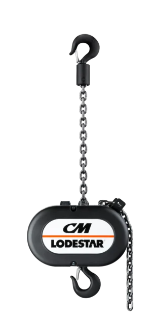 A black Lodestar chain hoist with a top and bottom hook, visible metal chain, and CM Lodestar branding on the front.