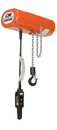 An industrial orange CM Lodestar electric chain hoist with a metal chain, hook, and a black control pendant hanging below.