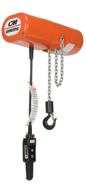 An industrial orange CM Lodestar electric chain hoist with a metal chain, hook, and a black control pendant hanging below.
