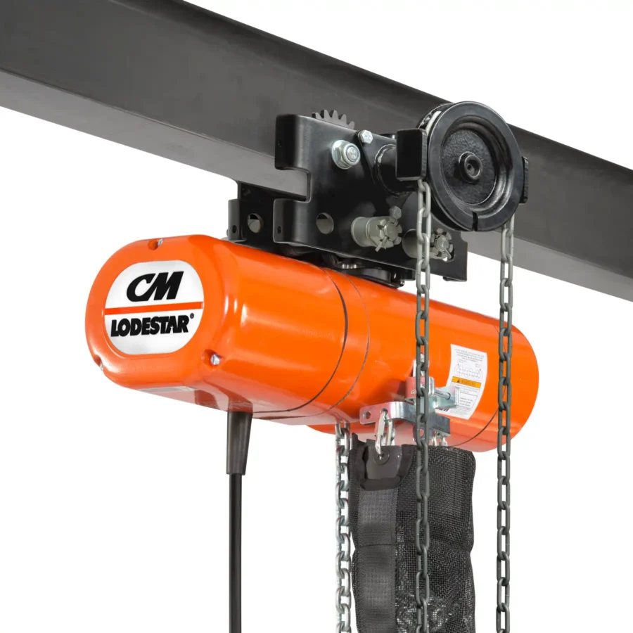 Orange CM Lodestar electric chain hoist mounted on a black beam with chains hanging down, used for lifting heavy loads in industrial settings.
