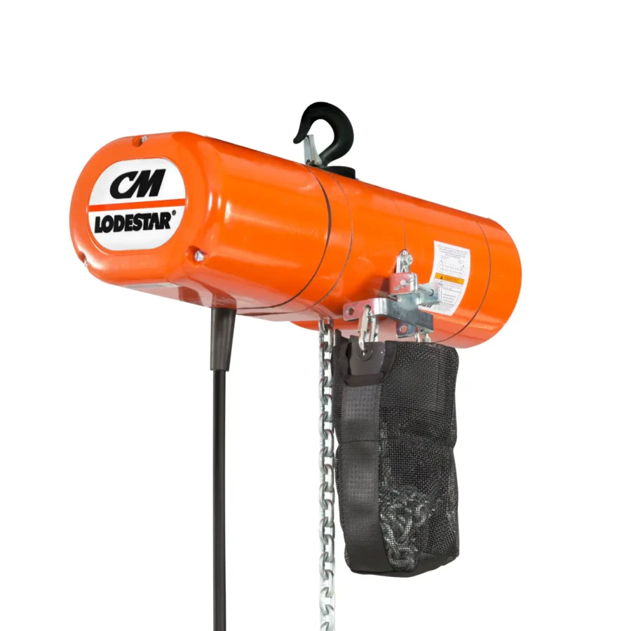 An orange CM Lodestar electric chain hoist with a black hook, control pendant, and a mesh bag holding a hanging chain.