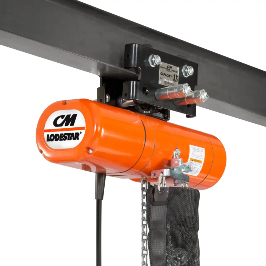 Orange CM Lodestar electric chain hoist mounted on a black I-beam with a visible chain and capacity plate.