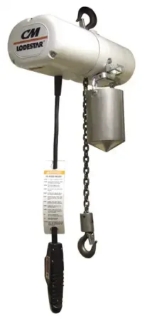 White CM Lodestar electric chain hoist with a control pendant, metal chain, upper and lower hooks, and a hanging metal weight.
