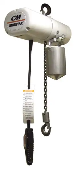 White CM Lodestar electric chain hoist with a control pendant, metal chain, upper and lower hooks, and a hanging metal weight.