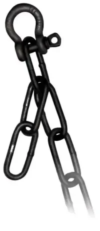 A black metal shackle connected to two black chain links, isolated on a white background.