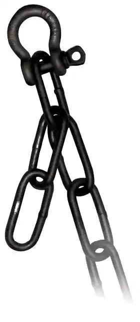 A black metal shackle connected to two black chain links, isolated on a white background.