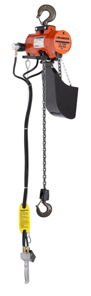 Orange industrial chain hoist with hooks, control handle, and chain, used for lifting heavy loads; labeled as 1/2 ton capacity.