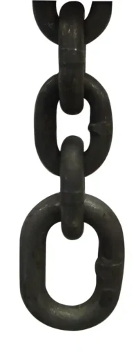 A close-up view of four black metal chain links vertically connected against a white background.