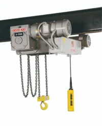 A 2-ton electric chain hoist with control pendant is mounted on a steel I-beam for lifting heavy loads.