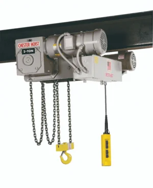A 2-ton electric chain hoist with control pendant is mounted on a steel I-beam for lifting heavy loads.