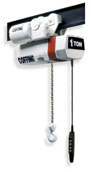 Electric chain hoist labeled "COFFING" and "1 TON," mounted on a beam, with a hanging control pendant and metal hook.