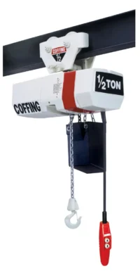 White Coffing electric chain hoist labeled "1/2 TON" is suspended from a black overhead beam, with a chain, hook, and red handheld control attached.
