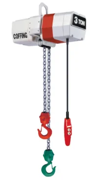 Electric chain hoist labeled "Coffing 3 Ton" with two hooks, one red and one green, and an attached wired control pendant.