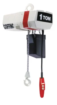 White Coffing electric chain hoist with a 1-ton capacity label, metal hook, hanging chain, and red control pendant.