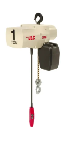 White Coffing JLC electric chain hoist with a 1-ton capacity, black chain bag, metal hook, and red control pendant, isolated on a white background.