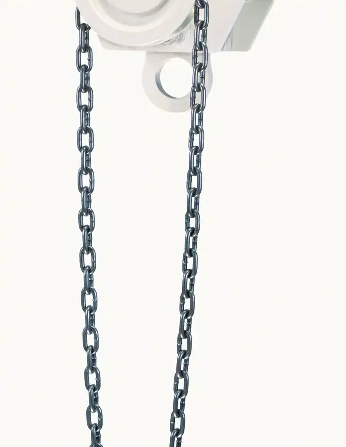 A white mechanical pulley with a metal chain looped around it is mounted on a horizontal black beam against a plain background.