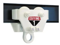 A white Coffing 1-ton capacity manual trolley is mounted on a black I-beam, with visible bolts and a round lifting eye.