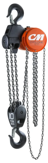 A heavy-duty chain hoist with two hooks, a hand chain, and an orange casing labeled "Cyclone," marked for a 10-ton maximum load capacity.