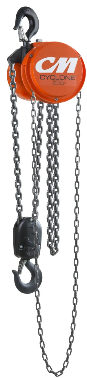 Orange CM Cyclone chain hoist with two black hooks and metal chains hanging vertically.