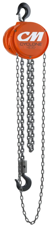 Orange manual chain hoist with two black hooks and metal chains hanging down, used for lifting heavy objects.