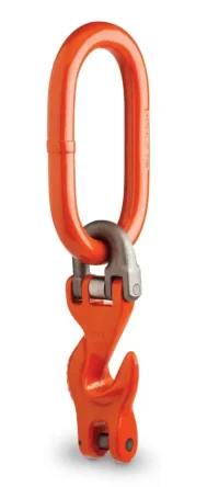 An orange metal lifting hook with an oval-shaped master link and a latch, used for rigging and hoisting applications.