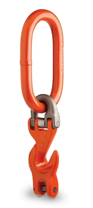 An orange metal lifting hook with an oval-shaped master link and a latch, used for rigging and hoisting applications.