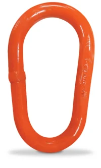 A single orange metal carabiner link with a smooth, oval shape and no locking mechanism, shown against a white background.