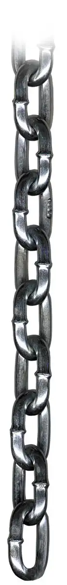A close-up view of a vertical metal chain with large, interlocking links.