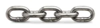 A close-up of a horizontal metal chain with four interlocking links against a white background.