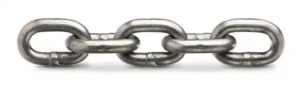 A close-up of a horizontal metal chain with four interlocking links against a white background.