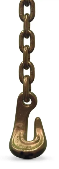 A metal chain with an attached open hook, isolated on a white background.