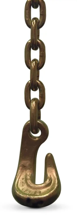 A metal chain with an attached open hook, isolated on a white background.