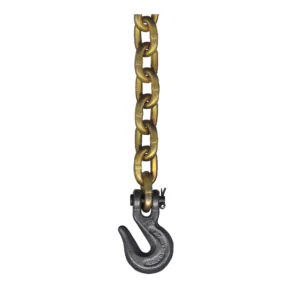 A heavy-duty metal chain with a large black safety hook attached at the bottom, hanging vertically against a white background.