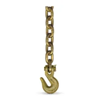 A metal chain hanging vertically with a heavy-duty hook attached at the bottom, isolated on a white background.