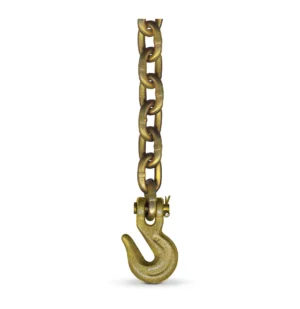 A metal chain hanging vertically with a heavy-duty hook attached at the bottom, isolated on a white background.