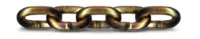 A close-up image of a horizontal brass metal chain with five interlocking links on a white background.