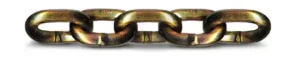 A close-up image of a horizontal brass metal chain with five interlocking links on a white background.