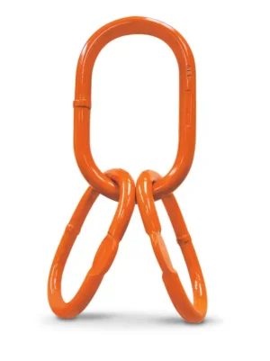 Bright orange steel master link assembly with one large oval link at the top and two smaller oval links attached at the bottom, isolated on a white background.